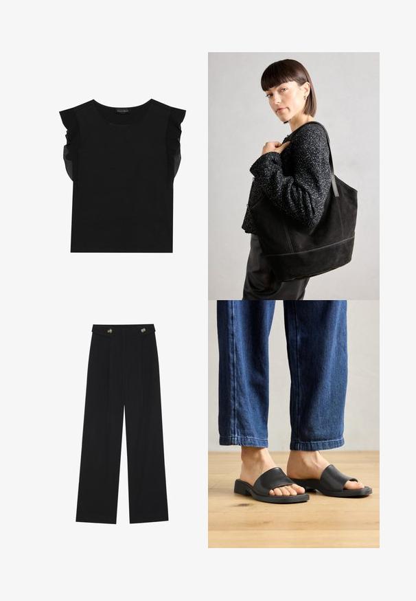 Haut noir avec des manches courtes en tulle volantées, col rond et un tissu doux et lisse. Design simple sans motifs ni accents supplémentaires.; Pantalons larges noirs à taille haute, avec des détails de boutons à la taille et des plis sur le devant.; Des sandales noires à enfiler en matériau lisse, avec un bout ouvert et une large bande supérieure, sur un pantalon en denim foncé à coupe droite.; Sac fourre-tout en daim noir avec une texture lisse, une forme structurée et des coutures contrastantes. Il dispose de longues poignées pour le port à l'épaule.