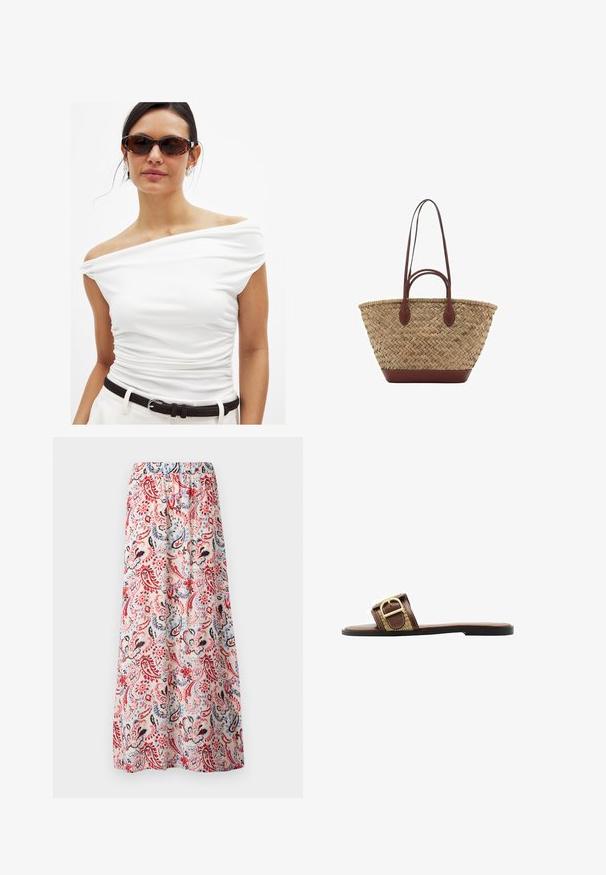 Witte off-shoulder top met geplooide details, gecombineerd met een zwarte riem. Het model draagt bruin-getinte zonnebril en zilveren oorbellen. Glad materiaal.; Florale maxi rok, elastische tailleband, met een meerkleurig paisleypatroon met rode, blauwe en zwarte accenten op een lichte achtergrond.; Bruine leren instapsandalen met een brede band met een gouden gespaccent en een gestructureerd patroon, geplaatst op een platte zwarte zool.; Geweven stro-tas met gevlochten textuur, donkerbruine leren handvatten en basis, wijd cirkelvormig ontwerp en open bovenkant.