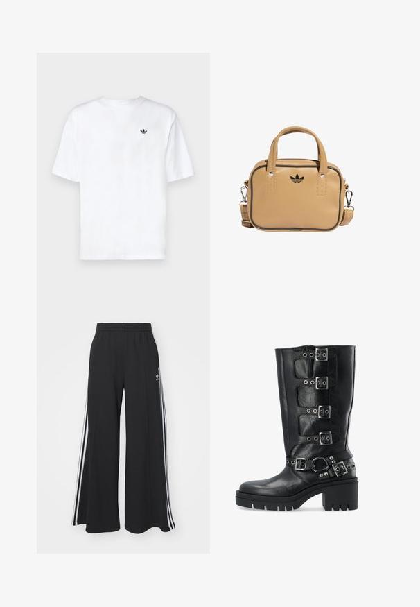 Valkoinen puuvillainen lyhythihainen t-paita, jossa on pieni musta logo vasemmassa rinnassa. Pyöreä pääntie ja rento mitoitus.; Mustat löysät verkkarit, joissa on joustava vyötärö, valkoiset sivuraidat ja brodeerattu logo vasemmassa reidessä.; Mustat nahka polvipituiset saappaat, joissa on neljä hopeista solkea, paksu pohja ja niititetyt yksityiskohdat nilkan ympärillä.; Beige nahka-tube laukku, jossa on kaksi kahvaa, irrotettava olkahihna, mustat korostusompeleet ja pieni musta logo edessä.