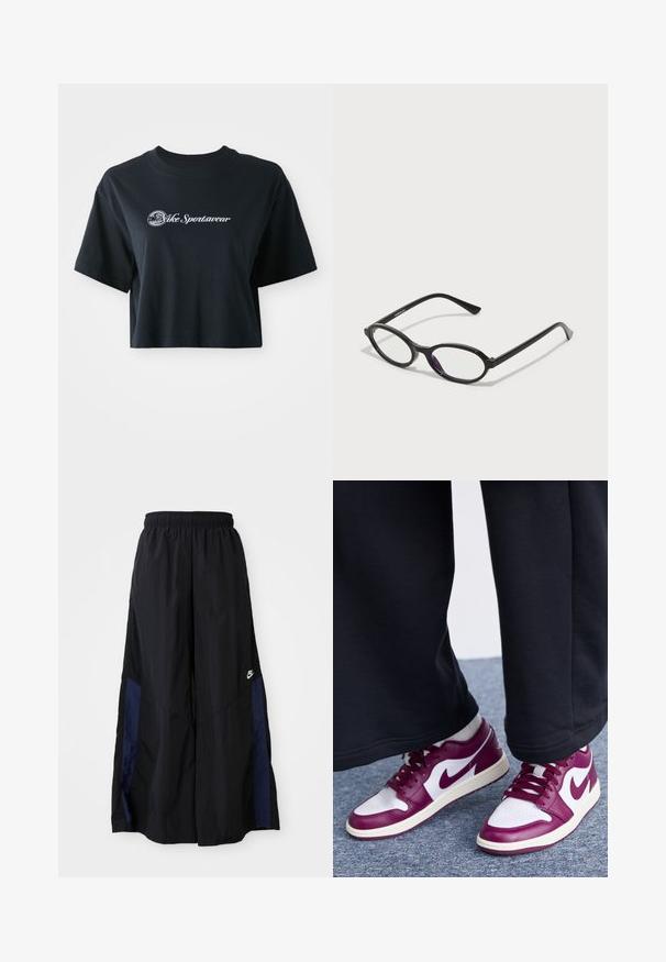 T-shirt nera in cotone, cropped, con maniche corte, caratterizzata da testo bianco "Vice Sportswear" e una grafica circolare sul davanti.; Pantaloni neri a gamba larga realizzati in tessuto leggero, con un pannello laterale blu navy e una cintura elastica. Piccolo logo bianco sul fondo.; Jordan AIR JORDAN 1 LOW - Sneakers basse - white/bordeaux/sail; Occhiali con montatura ovale nera e accenti viola traslucidi sulle lenti. La montatura ha una finitura opaca e delle astine sottili e diritte.