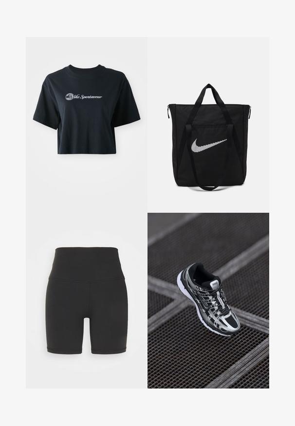 Lühikeste varrukatega must puuvillane t-särk, millel on ees valge tekst "Vice Sportswear" ja ringikujuline graafika.; Korkeastiistuvad mustad sportlikud lühikesed püksid, mis on valmistatud venivast kangast, omavad siledat tekstuuri, lühikest pikkust ja tugevaid õmbluse üksikasju.; Nike jooksutossud musta ja hõbedase värvigammaga, võrkmaterjalist pealts, tekstuuriga tallad ja kindla istumise tagav paeltesüsteem.; Must musta kott musta nailonist, millel on kaks tugevat käepidet ja luku sulgemine. Omab silmatorkavat valget Nike'i logot, mis on kujundatud horisontaalsete triipudega.