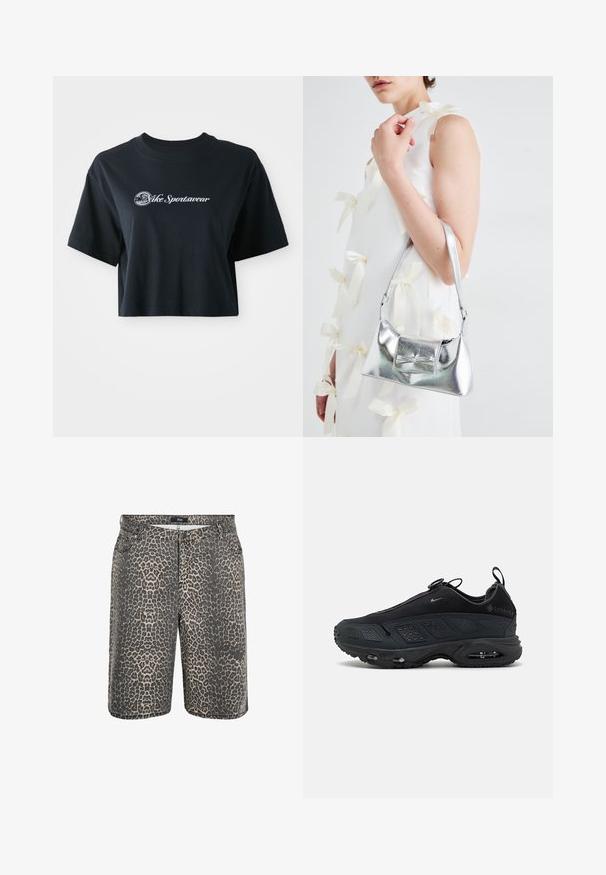 T-shirt nera in cotone, cropped, con maniche corte, caratterizzata da testo bianco "Vice Sportswear" e una grafica circolare sul davanti.; Zizzi Shorts di jeans - leopard; Sneakers neri con tomaia in rete testurizzata, suola in gomma e ammortizzazione ad aria visibile. Presentano strap e dettagli perforati per la traspirabilità.; Borsa a mano metallica argento con forma strutturata, dotata di manico superiore e dettaglio a fiocco sulla parte frontale. Texture liscia e finitura riflettente.