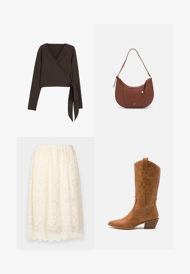 Ruda ilgomis rankovėmis apjuosiamas viršus su giliu V iškirpimu ir šoniniu surišimu. Pagamintas iš minkštos, elastingos medžiagos su sklandžiu paviršiumi.; Kreminės spalvos nėrinių sijonas su tekstūriniu gėlių raštu, elastinga juosmena ir banguota apatine dalimi, suteikiančią papildomų detalių.; Ruda odinė kantri batai su smailiu būtų pirštu, siuvinėtais spiralės raštais ant viršaus ir su kamščiu blokuotu kulnu. Yra tamprių užtraukių, kad būtų lengviau užsidėti.; Ruda dirbtinės odos petinė piniginė su kreiva forma, minimalia siuvimo linija ir auksinės spalvos įranga. Yra užtrauktuko uždarymas viršuje ir reguliuojama petneša.; Sidabrinės pusmėnulio auskarai minimalistiniu dizainu. Apskritimo forma, lygus paviršius ir plonas profilis. Lengvi su poliruotu apdailu.