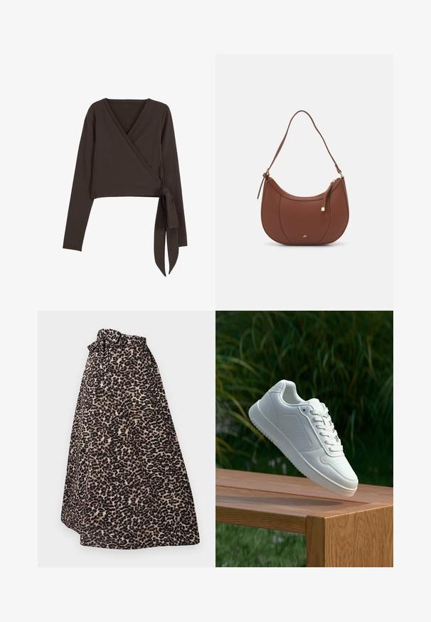 Rjava dolga majica s preklopom z globokim V-izrezom in stranskim vezanjem. Narejena iz mehke, elastične tkanine z gladko teksturo.; Maxi krilo z leopardjim vzorcem v rjavi in črni barvi, izdelano iz mehkega materiala, s pasom za zavezovanje in nabranim dizajnom za tekočo silhueto.; Bela teniska s gladkim sintetičnim zgornjim delom, perforiranim prednjim delom, ravnimi vezalkami in teksturiranim podplatom, prikazana na leseni površini.; Rjava usnjena torbica z ramenskim ročajem, ukrivljene oblike, minimalnim šivom in zlato-tonirano kovinsko dekoracijo. Ima zgornje zapiranje na zadrgo in nastavljiv trak.