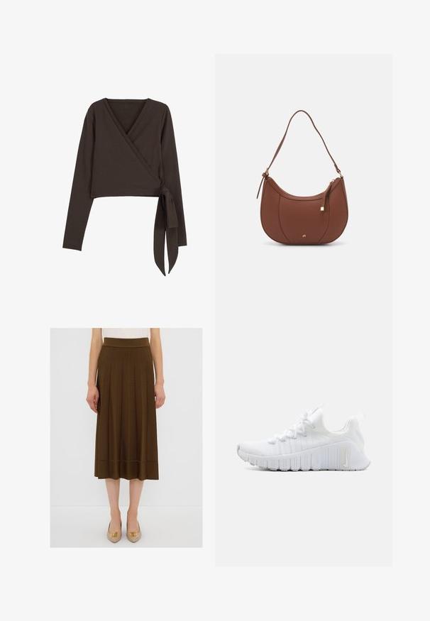 Hnědý dlouhý rukáv zavinovací top s hlubokým V-výstřihem a bočním zavazováním. Vyrobeno z měkké, pružné látky s hladkým povrchem.; Hnědá plisovaná midi sukně s širokým pasem a horizontálním švem na lemu, doplněná béžovými botami se zlatými akcenty.; Bílé sportovní boty s texturovaným svrškem, plochým šněrováním a výraznou gumovou podrážkou s vertikálními drážkami. Na boční straně se nachází logo.; Hnědá kabelka přes rameno z umělé kůže s zakřiveným tvarem, minimálním prošíváním a zlatým kovovým akcentem. Disponuje vrchním zipovým uzavíráním a nastavitelným popruhem.
