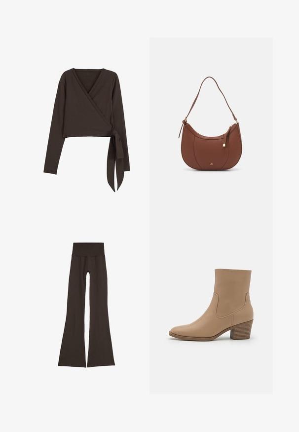 Smeđi dugih rukava omotač s dubokim V-izrezom i detaljem vezanja sa strane. Izrađen od mekog, rastezljivog materijala s glatkom teksturom.; Tamno smeđe široke tajice s rebrastim pojasom. Izrađene od mekog, rastezljivog materijala, s besprijekornim dizajnom i bez vidljivih dodataka.; Bežna gležnjača izrađena od glatke kože s zaobljenim vrhom, bočnim elastičnim panelima i složenim potpeticom. Ima minimalistički dizajn.; Smeđa torba od umjetne kože s zakrivljenim oblikom, minimalnim šavovima i zlatnim metalnim detaljima. Ima zatvaranje na gornjoj strani sa patentnim zatvaračem i podesivu naramenicu.