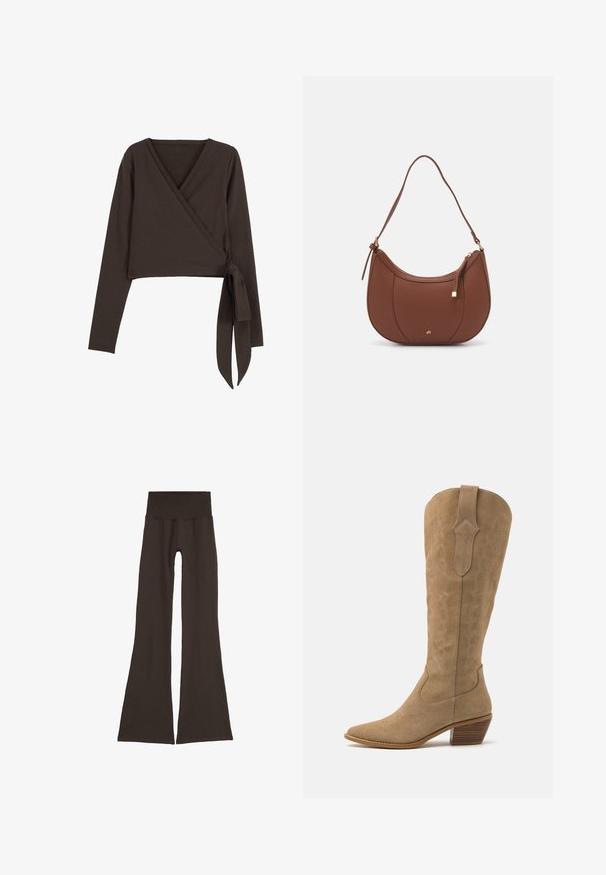 Pruun pika käistega rätsepatop, millel on sügav V-kaelus ja külgside detail. Valmistatud pehmest ja venivast kangast, millel on sile tekstuur.; Tumedast pruunist flared-silmased retuusid laia, soonikuga vöökohtaga. Valmistatud pehmest ja venivast materjalist, ilma nähtavate õmblusteta ja riistvara elementideta.; Kreemjad nahast kauboirakud terava varbaga, keskmise kõrgusega varre ja dekoratiivse tikandiga külgedel. Omab kihiliste puithoonega kontsu.; Pruun faux nahast õlaline kott, millel on kaarjas kuju, minimaalne õmblemine ja kuldse tooni metallist aksessuaar. Omab ülemist tõmblukku ja reguleeritavat rihma.