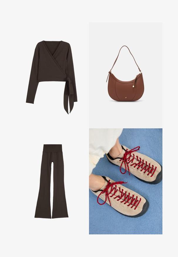 Ruda ilgomis rankovėmis apjuosiamas viršus su giliu V iškirpimu ir šoniniu surišimu. Pagamintas iš minkštos, elastingos medžiagos su sklandžiu paviršiumi.; Tamsiai rudos spalvos platėjančios legginsai su plačiu, raukinėtu juosmeniu. Pagaminti iš minkštos, elastingos medžiagos, su besiūle struktūra ir be matomos aparatūros.; Bežiniai batai su raudonomis raištelėmis, padėti ant mėlynos tekstūruotos paviršiaus, dalinai atidengia žmogaus kulkšnį. Batai turi sportinį dizainą.; Ruda dirbtinės odos petinė piniginė su kreiva forma, minimalia siuvimo linija ir auksinės spalvos įranga. Yra užtrauktuko uždarymas viršuje ir reguliuojama petneša.