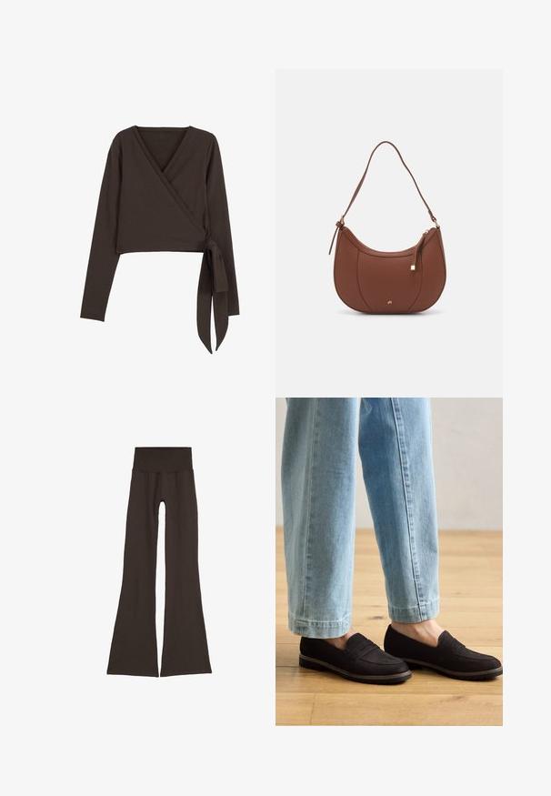 Top lung cu mâneci lungi, de culoare maro, cu decolteu adânc în V și detalii cu legătură pe lateral. Fabricat dintr-un material moale și elastic, cu o textură netedă.; Leggings negre-maroniu, cu o talie largă, cu nervuri. Realizate dintr-un material moale și elastic, prezentând un design fără cusături și fără accesorii vizibile.; Moccasini negri din suede cu talpă plată și cusături de accent, purtați cu blugi din denim de un albastru deschis, ușor scurtați, pe un podea din lemn.; Geantă de umăr din piele ecologică maro, cu o formă curbată, cusături minime și un accent din metal auriu. Are un închidere cu fermoar în partea de sus și o curea ajustabilă.