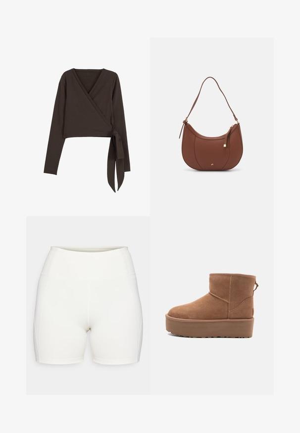 Barna, hosszú ujjas, átkötős felső mély V-nyakkal és oldalsó kötőelemmel. Puha, rugalmas anyagból készült, sima textúrával.; Fehér, magas derekú, rugalmas anyagból készült sort. Rugalmas derékpánttal és panel varratokkal rendelkezik, ami alakpasszoló sziluettet biztosít.; Barna suede bokacsizma platform talppal, lekerekített orral és varrás részletekkel; a hátsó részen húzófül található a könnyű felhúzás érdekében.; Barna műbőr válltáska ívelt formával, minimális varrással és arany színű kiegészítőkkel. Jellemzője a felső cipzáras záródás és állítható pánt.