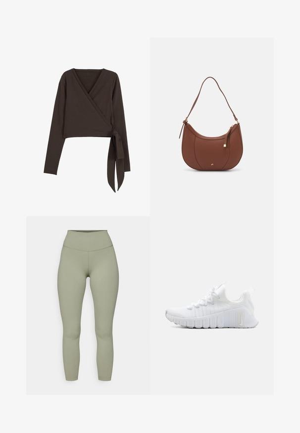 Braunes Langarm-Wrap-Top mit tiefem V-Ausschnitt und seitlichem Bindeband. Hergestellt aus weichem, dehnbaren Stoff mit glatter Textur.; Hochtaillierte, figurbetonte Leggings aus einem weichen olivgrünen Stoff. Glatte Textur mit verstärkten Nähten und ohne sichtbare Muster oder Akzente.; Weißer Sportschuh mit einer strukturierten Oberseite, flacher Schnürung und ausgeprägter Gummisohle mit vertikalen Rillen. Mit einem Logo an der Seite.; Braune Kunstleder-Schultertasche mit geschwungener Form, minimaler Naht und goldfarbener Hardware-Akzent. Verfügt über einen oberen Reißverschluss und einen verstellbaren Trageriemen.