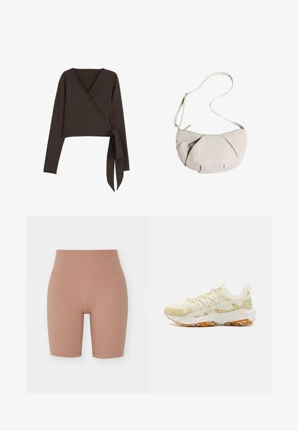 Braunes Langarm-Wrap-Top mit tiefem V-Ausschnitt und seitlichem Bindeband. Hergestellt aus weichem, dehnbaren Stoff mit glatter Textur.; Hochtaillierte Fahrradhosen in beige, aus dehnbarem Material, mit glatter Textur und sauberen Nähten für Komfort und Passform.; Sportliche Schuhe in hellem Creme mit gesprenkelten grünen Akzenten. Sie verfügen über ein Obermaterial aus Mesh, eine strukturierte Gummisohle und flache Schnürsenkel.; Helle beige Stoff-Umhängetasche mit gefaltetem Design, verstellbarem Schulterriemen und Reißverschluss. Weiche Textur, runde Form, minimalistischer Stil.