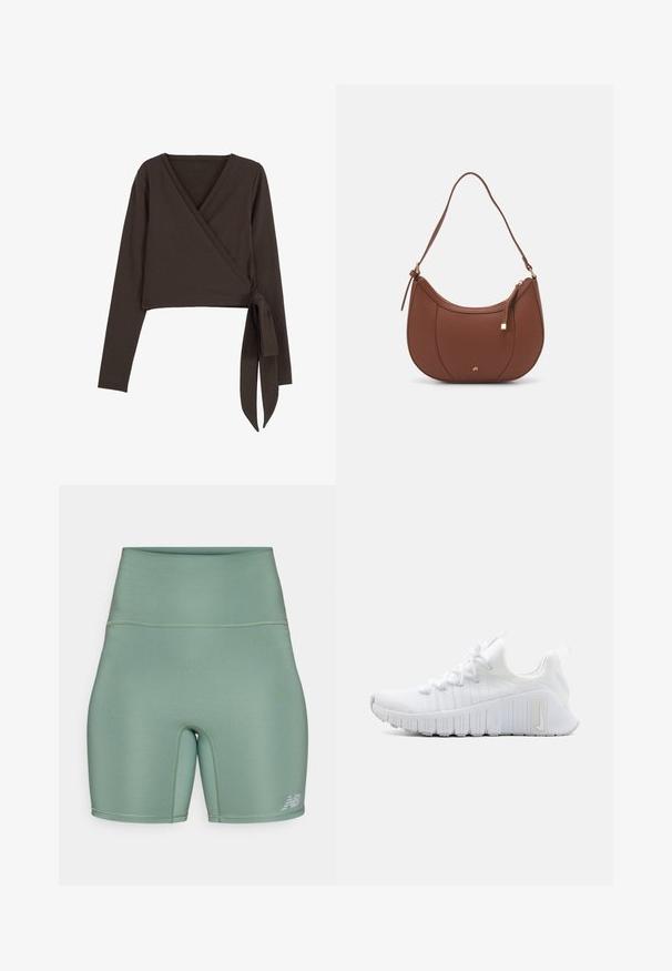 Hnedý dlhý rukáv vrchný diel so širokým V-výstrihom a detailom bočného viazania. Vyrobený z mäkkej, elastickej látky s hladkou textúrou.; Vysoko pásové športové šortky v tlmenej zelenej farbe. Vyrobené z hladkého, elastického materiálu s plochými švami a reflexným logom.; Biele športové topánky s textúrovaným vrchom, plochým šnurovaním a výraznou gumovou podrážkou s vertikálnymi drážkami. Na boku sa nachádza logo.; Hnedá umelá kožená taška cez rameno s zakriveným tvarom, minimalistickým šitím a zlatými akcentami. Obsahuje zips na vrchu a nastaviteľný popruh.
