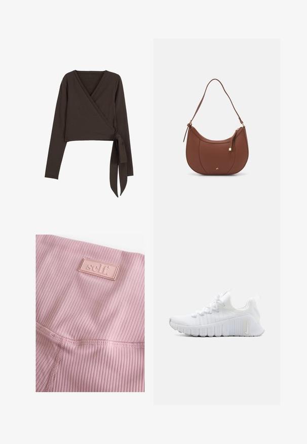 Hnedý dlhý rukáv vrchný diel so širokým V-výstrihom a detailom bočného viazania. Vyrobený z mäkkej, elastickej látky s hladkou textúrou.; Svetloružové rebrované legíny s textúrovaným povrchom a obdĺžnikovou gumenou nášivkou s nápisom "self.".; Biele športové topánky s textúrovaným vrchom, plochým šnurovaním a výraznou gumovou podrážkou s vertikálnymi drážkami. Na boku sa nachádza logo.; Hnedá umelá kožená taška cez rameno s zakriveným tvarom, minimalistickým šitím a zlatými akcentami. Obsahuje zips na vrchu a nastaviteľný popruh.