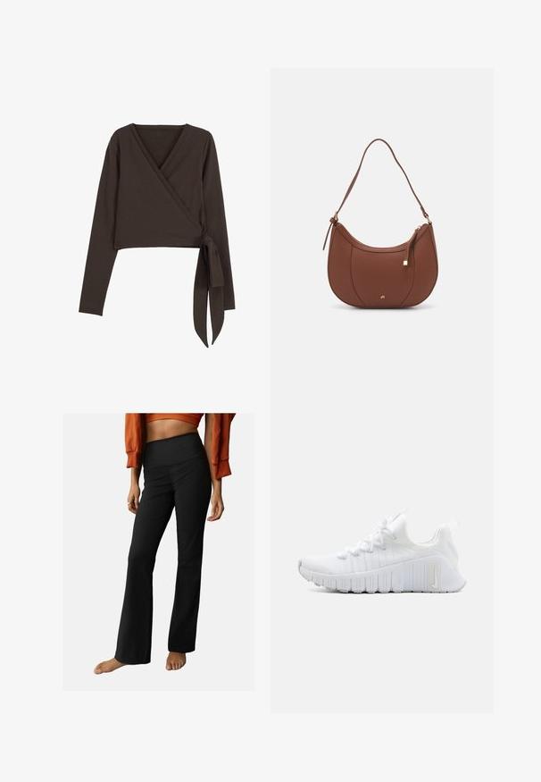 Brun langærmet indpakningsbluse med dyb V-udskæring og sideknude-detalje. Fremstillet af blødt, strækbart stof med en glat overflade.; Sorte ribbede flared bukser med høj talje, der har en glat tekstur og et enkelt design. Der er fine detaljer som en let flare ved kanten.; Hvid atletiksko med en tekstureret overdel, flad snørebåndslukning og fremtrædende gummisål med lodrette riller. Har et logo på siden.; Brun faux læder skuldertaske med buet form, minimal syning og en guldtonet hardwaredetalje. Har en top lynlåslukning og justerbar rem.