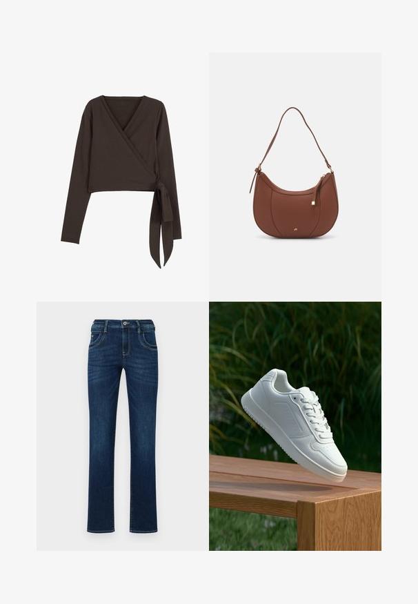 Ruskea pitkähihaisella kietaisupaidalla, jossa on syvä V-pääntie ja sivusolki. Valmistettu pehmeästä, joustavasta kankaasta, jossa on sileä pinta.; Tummansiniset farkut suoran lahkeiden leikkauksella, viiden taskun suunnittelulla ja tavanomaisella napituskiinnityksellä. Sisältää hienovaraisia ompeluyksityiskohtia.; Valkoiset tennarit, joissa on sileä synteettinen päällinen, rei'itetty varvasosa, litteät nauhat ja teksturoitu pohja, esillä puupinnalla.; Ruskea keinonahkainen olkalaukku, jossa on kaareva muoto, minimaalinen ompelu ja kultasävyinen varuste. Varustettu ylhäältä avautuvalla vetoketjullisella suljennalla ja säädettävällä hihnalla.