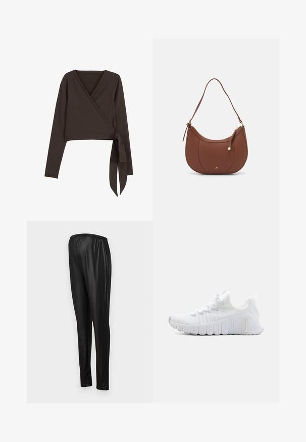 Top lung cu mâneci lungi, de culoare maro, cu decolteu adânc în V și detalii cu legătură pe lateral. Fabricat dintr-un material moale și elastic, cu o textură netedă.; Pantaloni negri, elasticizați, din material lucios, cu un talie elastică și un design slim fit. Textură netedă și stil până la gleznă.; Pantofii sport albi cu un upper texturat, închidere cu șireturi plate și o talpă din cauciuc proeminentă cu striuri verticale. Prezintă un logo pe lateral.; Geantă de umăr din piele ecologică maro, cu o formă curbată, cusături minime și un accent din metal auriu. Are un închidere cu fermoar în partea de sus și o curea ajustabilă.; Cercei rotunzi din argint cu un finisaj neted și strălucitor. Design ușor, având o formă rotundă și închidere cu tijă.