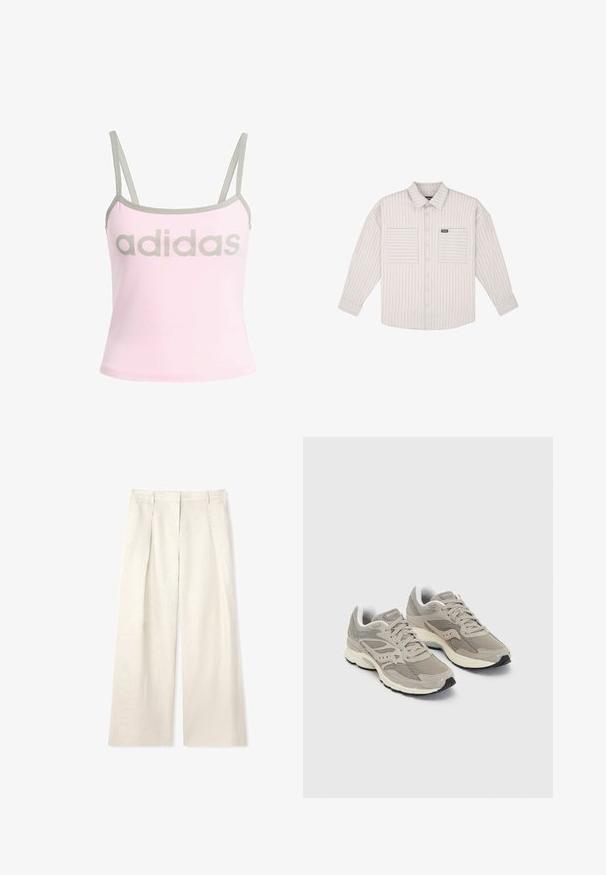 Lichtroze tanktop met grijze details en verstelbare spaghettibandjes, met een groot, gecentreerd grijs "adidas" logo. Katoenen materiaal.; Lichtgrijze, langemouwen button-up shirt met verticale strepen. Voorzien van borstzakken en een klassieke kraag. Zachte stof met een ontspannen pasvorm.; Lichtbeige wijde broek van textuurstof, met voorplooien, een platte tailleband en zonder zichtbare hardware of accenten.; Grijze sport sneakers met een mesh bovenwerk, textuur overlays en lichte demping. Voorzien van veters, een gevoerd kraag en een rubberen zool.