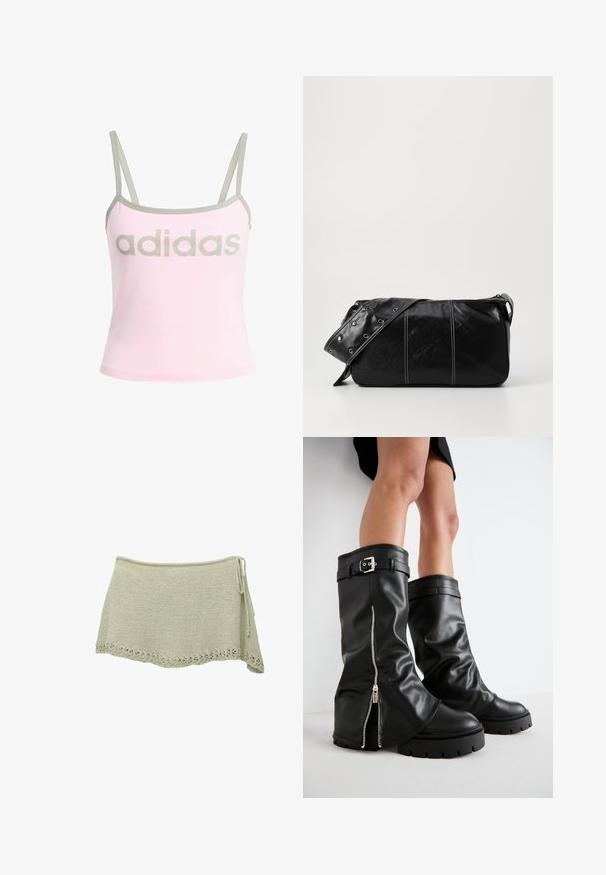 Svetlo roza top brez rokavov z sivo obrobo in nastavljivimi spaghetti naramnicami, ki ima velik, centriran sivi logotip "adidas". Material: bombaž.; Pleteni krilo v svetlo zeleni barvi z valovitim čipkastim robom, nastavljivim trakom ob strani in teksturirano tkanino.; Črne usnjene škornje do kolen s širokim zgornjim delom, ki imajo stransko zadrgo in dekorativno sponko, teksturirano površino ter masiven gumijast podplat.; Črna usnjena torba za ramo z zadrgo, ki ima teksturirano telo, belo šivanje in trak s srebrnimi luknjami.