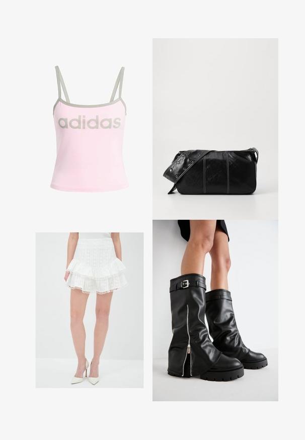 Světle růžový tílko s šedým lemem a nastavitelnými ramínky, se vzorem velkého, centrálního šedého loga "adidas". Materiál: bavlna.; Bílá sukňa s vrstveným designem vyrobená z texturované látky s krajkovým lemem. Obsahuje tři volánkové vrstvy a přiléhavý pas. Spárovaná s bílými vysokými podpatky.; Černé kožené holínky do výšky kolen s širokou holení, s bočním zipem a akcentem na přezku, texturovaným povrchem a robustní gumovou podrážkou.; Černá kožená kabelka přes rameno se zapínáním na zip, s texturovaným tělem, bílým prošíváním a popruhem se stříbrnými očky.