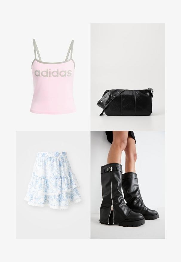 Hele roosa tank top hallide ääred ja reguleeritavad spagett-rihmad, millel on suur keskel hall "adidas" logo. Puuvillane materjal.; Kihiline sinine lilleline seelik, mis on valmistatud kergest kangast. Omab valget pitsi äärist allservas ja elastset vöökohta mugavuse tagamiseks.; Mustad mustad naha põlve kõrgused saapad, millel on lai vars, külgvipu ja pandla aktsent, tekstureeritud viimistlus ja krobeline kummitald.; Must mustra nahkainine õlakott, millel on tõmblukk, tekstureeritud pind, valged õmblused ja rihm hõbedaste rõngastega.