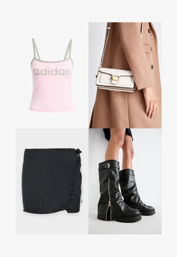 Világos rózsaszín ujjatlan felső szürke díszítéssel és állítható spagetti pántokkal, középen elhelyezett nagy szürke "adidas" logóval. Pamut anyagból készült.; Fekete úszószoknya átkötős dizájnnal, könnyű anyagból készült. Oldalsó megkötő csattal rendelkezik és sima textúrájú.; Fekete bőr, térd fölé érő csizmák széles szárwith, oldalsó cipzárral és csatos díszítéssel, textúrált felülettel és vastag gumitalppal.; Fehér bőr korsóstás táska arany csattal, struktúrált kialakítással, kontrasztos élekkel és vékony, állítható pánttal.