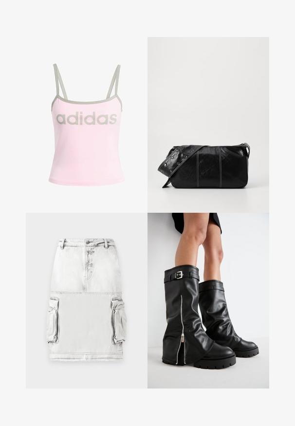 Šviesiai rožinė tank top palaidinė su pilku apvadu ir reguliuojamomis spaghetti petnešėlėmis, su dideliu, centruotu pilku "adidas" logotipu. Pagaminta iš medvilnės.; Šviesiai pilka džinsinė sijonas su aukštu juosmeniu, priekiniais mygtukais ir dviem šoninėmis kišenėmis. Šiek tiek dėvėta audinio tekstūra.; Juodos odinės ilgos iki kelių botai su plačiu vamzdžiu, šonu užtrauktuku ir sagties akcentu, tekstūruotu paviršiumi ir masyviu guminiu padu.; Juodas odinis pečių krepšys su užtrauktuku, turintis tekstūruotą paviršių, baltą siuvinėjimą ir dirželį su sidabinėmis metalinėmis detalėmis.