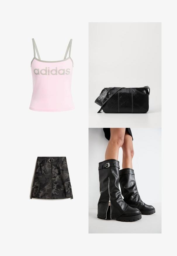 Top sin mangas rosa claro con ribete gris y tirantes ajustables, que presenta un gran logo gris de "adidas" centrado. Material de algodón.; Falda de camuflaje en gris oscuro y negro, con cremallera frontal, cinturón con hebilla plateada y dos bolsillos cargo con aros.; Botas de cuero negro hasta la rodilla con un amplio tubo, que presentan una cremallera lateral y un acento de hebilla, con un acabado texturizado y suela de goma gruesa.; Bolso de hombro de cuero negro con cierre de cremallera, que presenta un cuerpo texturizado, costuras blancas y una correa con ojales plateados.