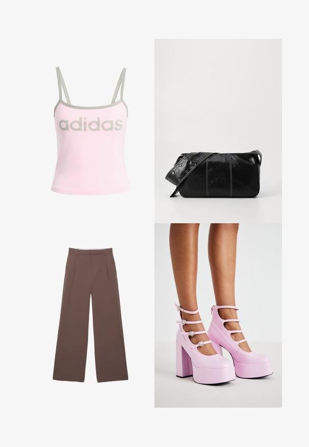 Světle růžový tílko s šedým lemem a nastavitelnými ramínky, se vzorem velkého, centrálního šedého loga "adidas". Materiál: bavlna.; Široké kalhoty z jednobarevné hnědé látky, s hladkou texturou, předními záhyby a vysoce kvalitním pasem. Bez viditelných log nebo vzorů.; Koi Footwear PEARL DEWDROP PLATFORM HEELS - Lodičky na vysokém podpatku - pink; Černá kožená kabelka přes rameno se zapínáním na zip, s texturovaným tělem, bílým prošíváním a popruhem se stříbrnými očky.
