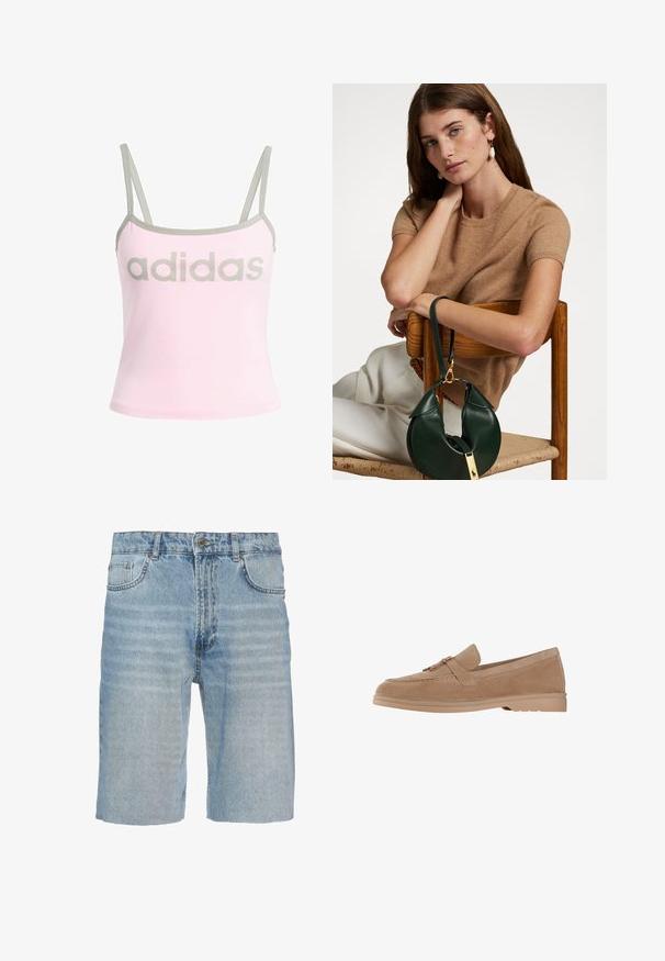 Helles rosa Tanktop mit grauen Akzenten und verstellbaren Spaghetti-Trägern, mit einem großen, mittig platzierten grauen "adidas"-Logo. Aus Baumwollmaterial.; Jeansshorts in hellblau, mit einem klassischen Fünf-Taschen-Design, Knopfverschluss, geradem Schnitt und subtilen Ausbleichungen im Stoff.; Wildleder Slipper in hellbeige mit runder Zehenpartie, ausgestattet mit einem dekorativen Riemen und goldfarbenen Details, auf einer leichten Gummisohle.; Brauner kurzärmeliger Pullover, kombiniert mit einer grünen Lederhandtasche mit geschwungenem Design und goldenen Hardware-Details, die auf einem Holzstuhl sitzt.