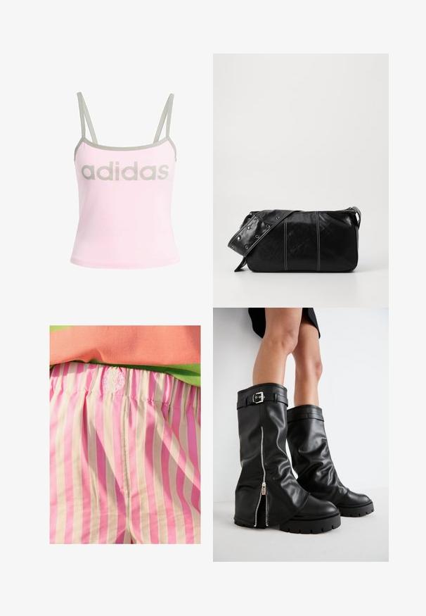 Top sin mangas rosa claro con ribete gris y tirantes ajustables, que presenta un gran logo gris de "adidas" centrado. Material de algodón.; Shorts de tela a rayas rosa y crema con cinturilla elástica. Cuenta con detalle de logo bordado en la cinturilla. Textura suave.; Botas de cuero negro hasta la rodilla con un amplio tubo, que presentan una cremallera lateral y un acento de hebilla, con un acabado texturizado y suela de goma gruesa.; Bolso de hombro de cuero negro con cierre de cremallera, que presenta un cuerpo texturizado, costuras blancas y una correa con ojales plateados.