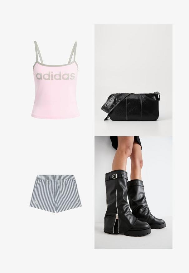 Helles rosa Tanktop mit grauen Akzenten und verstellbaren Spaghetti-Trägern, mit einem großen, mittig platzierten grauen "adidas"-Logo. Aus Baumwollmaterial.; Gestreifte Shorts aus leicht blauem und weißem Stoff, mit elastischem Bund und seitlichen Taschen. Dezentes Logo-Detail am linken Bein.; Schwarze Lederstiefel bis zum Knie mit weiter Schaftweite, seitlichem Reißverschluss und Schnallenakzent, strukturierter Oberfläche und robuster Gummisohle.; Schwarze Leder Schultertasche mit Reißverschluss, ausgestattet mit einer strukturierten Oberfläche, weißen Nähten und einem Tragegurt mit silbernen Ösen.