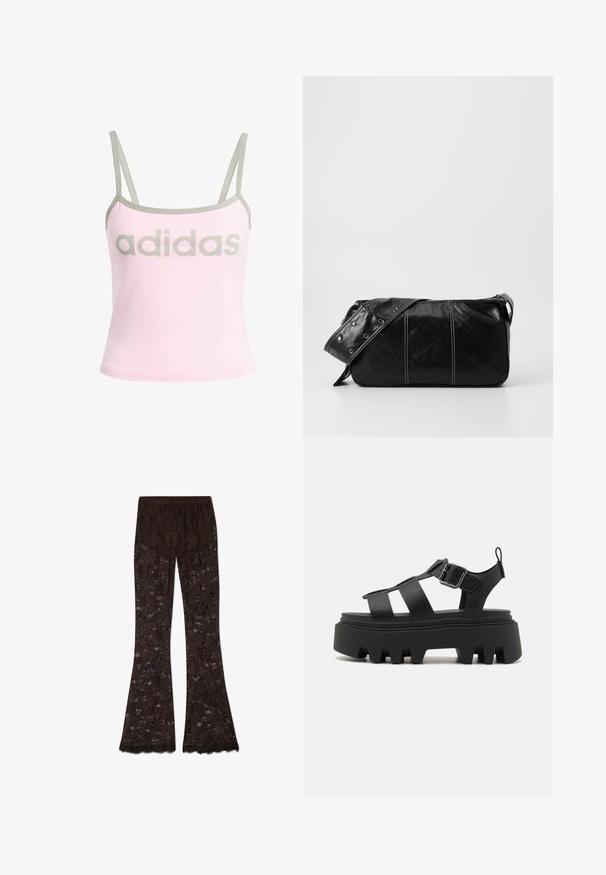 Débardeur rose clair avec des bords gris et des bretelles spaghetti réglables, présentant un grand logo "adidas" gris centré. Matériau en coton.; Pantalons évasés en dentelle marron avec un motif floral, présentant une finition texturée et un ourlet frangé en bas. Taille élastique.; Sandales noires à plateforme avec des semelles épaisses et rainurées, dotées de plusieurs designs de lanières et d'une fermeture à boucle sur le côté pour un ajustement réglable.; Sac à épaule en cuir noir avec une fermeture éclair, doté d'un corps texturé, de coutures blanches et d'une sangle avec des œillets en argent.
