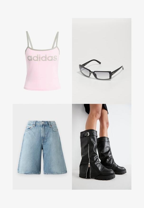 Débardeur rose clair avec des bords gris et des bretelles spaghetti réglables, présentant un grand logo "adidas" gris centré. Matériau en coton.; Shorts en denim bleu clair avec une coupe ample, taille mi-haute, cinq poches et des détails de couture contrastés. Le tissu a une texture douce.; Bottes en cuir noir montantes avec une tige large, dotées d'une fermeture éclair sur le côté et d'un accent de boucle, finition texturée et semelle en caoutchouc épaisse.; Lunettes de soleil noires rectangulaires avec des verres dégradés, présentant une monture épaisse et des détails en métal sur les branches. Texture lisse sur l'ensemble.; Sac à main en cuir noir avec une fermeture rabat, quincaillerie en argent, deux poches avant, surpiqûres contrastantes et une bandoulière amovible.