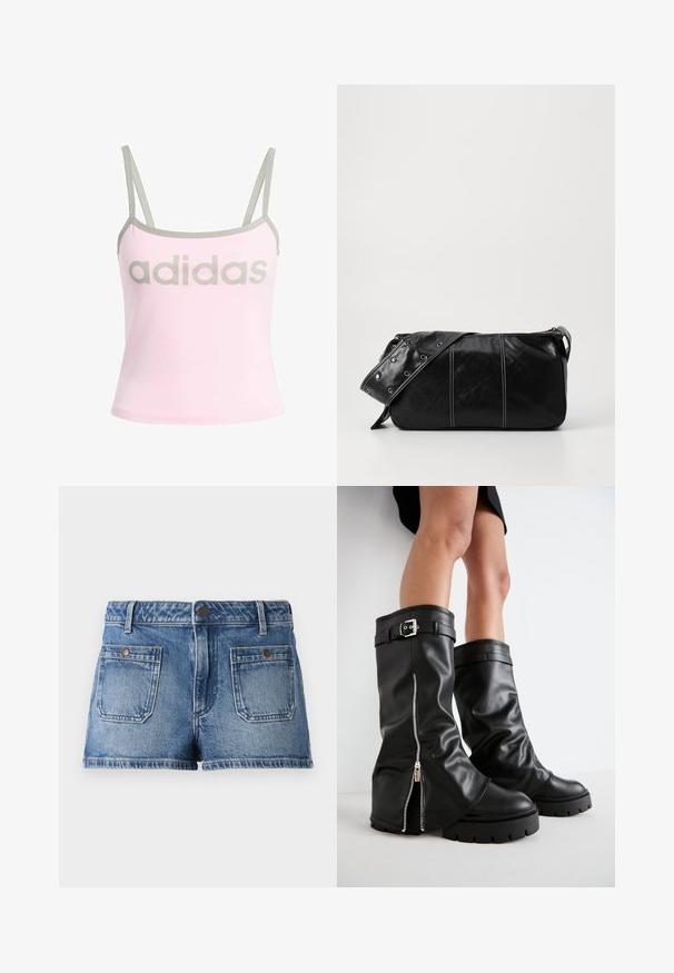 Svijetloružičasti top bez rukava s sivoj obrubi i podesivim trakama, s velikim, središnjim sivim "adidas" logotipom. Pamuk.; Traper šorts u svijetloplavoj boji s izblijedjelim učinkom, dizajn s pet džepova, dva prednja džepa, dva stražnja džepa i pojas s gumbom.; Crne kožne čizme do koljena s širokim okovratnikom, s bočnim zatvaračem i detaljem od kopče, teksturiranom završnom obradom i debelim gumenenim potplatom.; Crna kožna torba preko ramena s zatvaranjem na patentni zatvarač, s teksturiranim tijelom, bijelim šavovima i remenom sa srebrnim okovima.