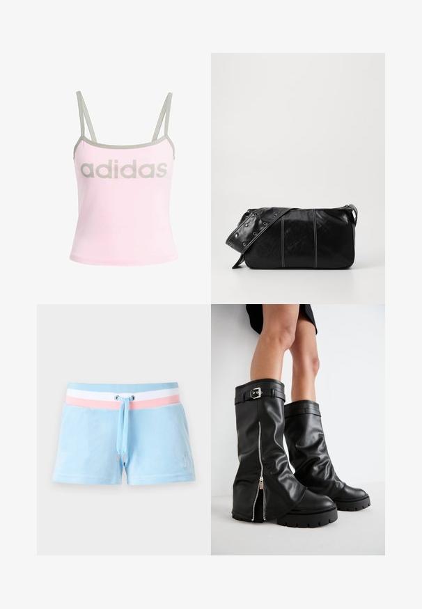Svetloružový tielko s šedým lemovaním a nastaviteľnými tenkými ramienkami, so veľkým, centrálnym šedým logom "adidas". Bavlnený materiál.; Svetlomodré velúrové šortky s pásom s ružovými a bielymi pruhmi, so šnúrkou na stiahnutie a vyšitým logom na ľavej strane.; Čierne kožené vysoké čižmy po kolená s širokým nohavičkou, so bočným zipsom a detailom s prackou, štruktúrovaným povrchom a robustnou gumovou podrážkou.; Čierna kožená kabelka cez plece so zipsovým uzáverom, so štruktúrovaným telom, bielym prešívaním a popruhom so striebornými očkami.