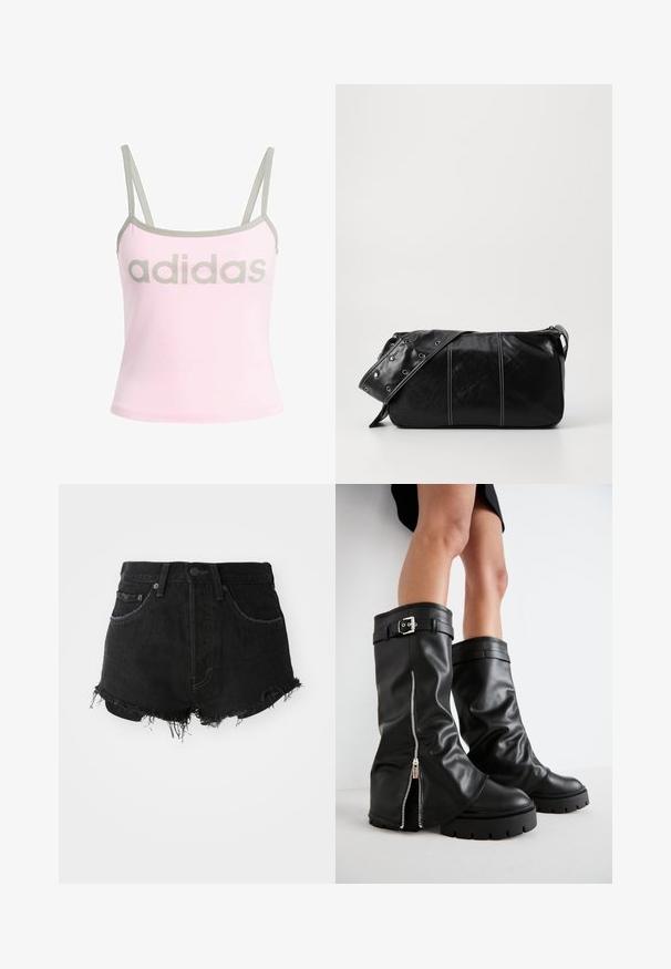 Világos rózsaszín ujjatlan felső szürke díszítéssel és állítható spagetti pántokkal, középen elhelyezett nagy szürke "adidas" logóval. Pamut anyagból készült.; Fekete farmer rövidnadrág, csipkés szegéllyel, klasszikus öt zsebes dizájnnal és fémből készült gombos záródással. Magas derék és kopott hatás jellemzi.; Fekete bőr, térd fölé érő csizmák széles szárwith, oldalsó cipzárral és csatos díszítéssel, textúrált felülettel és vastag gumitalppal.; Fekete bőr válltáska, cipzárral zárva, texturált felülettel, fehér varrással és ezüst fémgyűrűs pánttal.