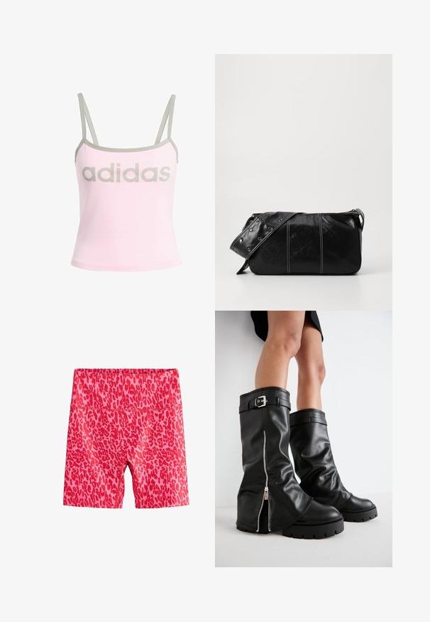 Šviesiai rožinė tank top palaidinė su pilku apvadu ir reguliuojamomis spaghetti petnešėlėmis, su dideliu, centruotu pilku "adidas" logotipu. Pagaminta iš medvilnės.; Rožiniai šortai su raudonu leopardų raštu. Pagaminti iš elastingos medžiagos, su aukštu liemeniu ir iki kelių besitęsiančiu kirpimu.; Juodos odinės ilgos iki kelių botai su plačiu vamzdžiu, šonu užtrauktuku ir sagties akcentu, tekstūruotu paviršiumi ir masyviu guminiu padu.; Juodas odinis pečių krepšys su užtrauktuku, turintis tekstūruotą paviršių, baltą siuvinėjimą ir dirželį su sidabinėmis metalinėmis detalėmis.