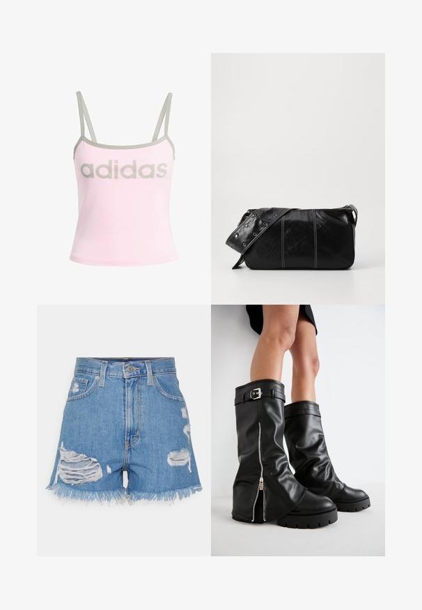 Hele roosa tank top hallide ääred ja reguleeritavad spagett-rihmad, millel on suur keskel hall "adidas" logo. Puuvillane materjal.; Heledest tumesinised kõrge vöökohaga lühikesed püksid helesinises värvitoonis, millel on kulunud augud. Omavad lõngastatud ääri ja klassikalist viie tasku disaini nupuga kinnitusega.; Mustad mustad naha põlve kõrgused saapad, millel on lai vars, külgvipu ja pandla aktsent, tekstureeritud viimistlus ja krobeline kummitald.; Must mustra nahkainine õlakott, millel on tõmblukk, tekstureeritud pind, valged õmblused ja rihm hõbedaste rõngastega.