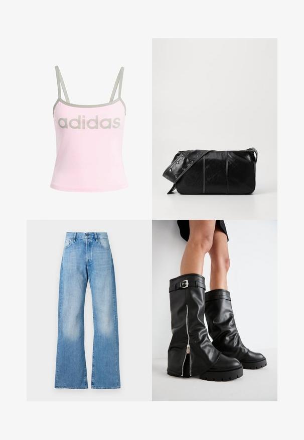 Svetlo roza top brez rokavov z sivo obrobo in nastavljivimi spaghetti naramnicami, ki ima velik, centriran sivi logotip "adidas". Material: bombaž.; Svijetloplave traper flared traperice s visokim strukom, pet džepova i klasičnom kopčom. Imaju suptilno izblijedjeli izgled i opušteni kroj.; Črne usnjene škornje do kolen s širokim zgornjim delom, ki imajo stransko zadrgo in dekorativno sponko, teksturirano površino ter masiven gumijast podplat.; Črna usnjena torba za ramo z zadrgo, ki ima teksturirano telo, belo šivanje in trak s srebrnimi luknjami.