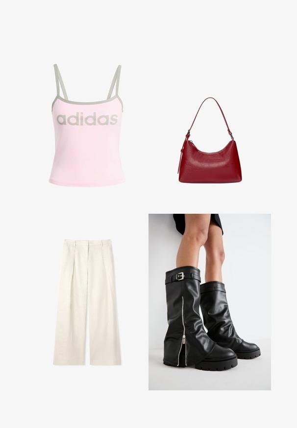 Lichtroze tanktop met grijze details en verstelbare spaghettibandjes, met een groot, gecentreerd grijs "adidas" logo. Katoenen materiaal.; Lichtbeige wijde broek van textuurstof, met voorplooien, een platte tailleband en zonder zichtbare hardware of accenten.; Zwarte leren kniehoge laarzen met een brede schacht, voorzien van een zijrits en een gespaccent, met een gestructureerde afwerking en een chunky rubberen zool.; Rode leren schoudertas met een gebogen ontwerp, een gladde textuur en een ritssluiting. Het heeft een dunne hengsel om te dragen.