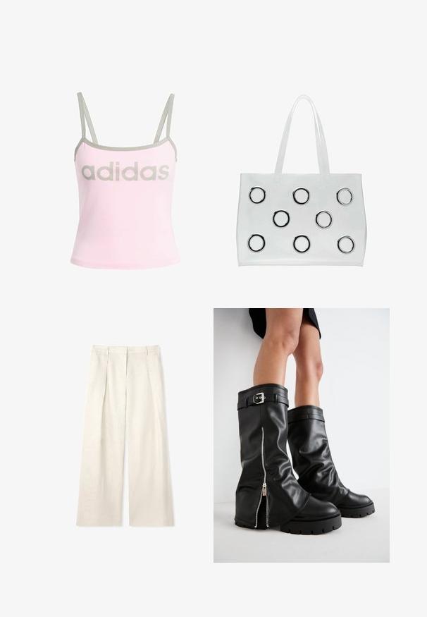 Jasnoróżowy top na ramiączkach z szarymi wykończeniami i regulowanymi ramiączkami spaghetti, z dużym, centralnie umieszczonym szarym logo "adidas". Materiał bawełniany.; Jasno beżowe spodnie o szerokiej nogawce, wykonane z fakturowanej tkaniny, z plisami z przodu, płaskim pasem w talii oraz bez widocznych elementów metalowych czy akcentów.; Czarne skórzane kozaki do kolan o szerokiej cholewce, z bocznym zamkiem błyskawicznym i akcentem w postaci klamry, o teksturowanym wykończeniu i masywnej gumowej podeszwie.; Przezroczysta torba na zakupy z plastiku z dwiema przezroczystymi uchwytami, z dziewięcioma okrągłymi metalowymi akcentami ułożonymi w siatkę na przodzie.