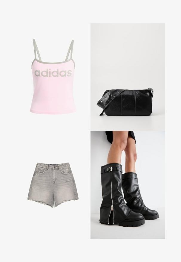 Svetlo roza top brez rokavov z sivo obrobo in nastavljivimi spaghetti naramnicami, ki ima velik, centriran sivi logotip "adidas". Material: bombaž.; Sive demin kratke hlače z visokim pasom, raztrganim robom, rahlim obrabljenostjo in klasičnim pet-pocket dizajnom.; Črne usnjene škornje do kolen s širokim zgornjim delom, ki imajo stransko zadrgo in dekorativno sponko, teksturirano površino ter masiven gumijast podplat.; Črna usnjena torba za ramo z zadrgo, ki ima teksturirano telo, belo šivanje in trak s srebrnimi luknjami.