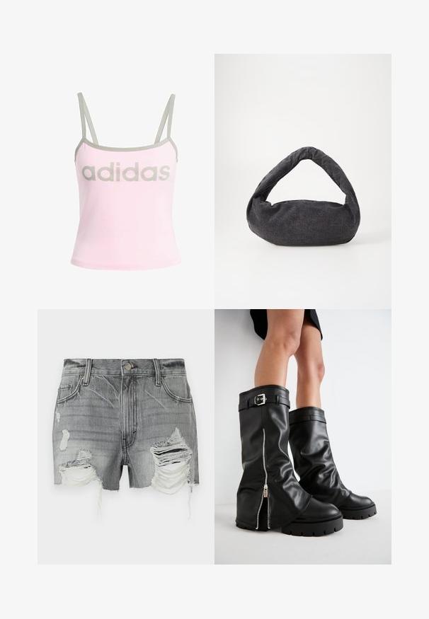 Top de alças rosa claro com detalhes em cinza e alças ajustáveis, apresentando um grande logotipo cinza "adidas" ao centro. Material de algodão.; Calções de ganga cinzentos com bainhas desfiadas e várias áreas desgastadas, com fecho de botão e dois bolsos frontais.; Botas pretas de couro até ao joelho com um cano largo, apresentando um fecho lateral com zíper e um detalhe em fivela, acabamento texturizado e sola de borracha robusta.; Saco de tecido cinza escuro com uma alça curva, textura suave e forma arredondada. Sem hardware ou adornos visíveis.