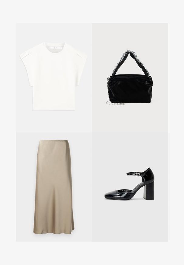 Balta kaste formas T-kreklā ar īsām piedurknēm. Izgatavots no gluda auduma, ar apaļu izgriezumu un nelieliem plecu akcentiem. Vienkāršs dizains.; Gaišas beidžu satīna midi svārki ar elastīgu jostasvietu, gluda tekstūra un plūstoša A-silueta forma. Nav redzamu rakstu vai metāla elementu.; Melna lakota ādas augstpapēžu kurpes ar kvadrātu purngalu, potītes siksniņu un masīlu papēdi. Iekļauj perforētu apdari gar malu.; Melnā mākslīgās ādas rokassomu ar teksturētu apdari, kas piedāvā pērlītēm rotātu sudraba akcentu augšējā rokturī un ķēdes siksnu.