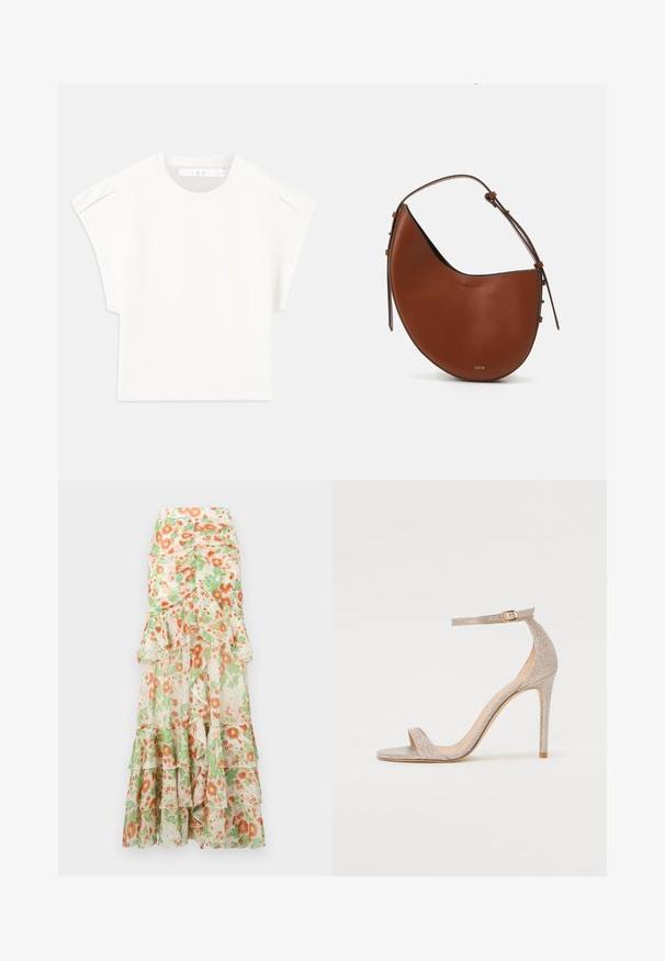 Biały, prostokątny t-shirt z krótkim rękawem. Wykonany z gładkiego materiału, z okrągłym dekoltem i subtelnymi akcentami na ramionach. Prosty design.; Maxi spódnica w kwiaty z kremowym tłem, pomarańczowym i zielonym wzorem kwiatowym, falbaniastymi warstwami oraz dopasowanym fasonem w talii.; Sandały na wysokim obcasie z paskami w metalicznym odcieniu różowego złota, z teksturowaną cholewką, otwartym toe oraz paskiem wokół kostki z ozdobną złotą klamrą.; Brązowa skórzana torba na ramię w kształcie półksiężyca, z wąskim brązowym paskiem i subtelnymi złotymi akcentami. Charakteryzuje się gładką teksturą i minimalnym przeszyciem.