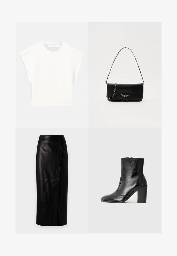 White boxy t-shirt with short sleeves. Made from smooth fabric, featuring a round neckline and subtle shoulder accents. Simple design.; Black leather midi skirt with a wrap design, featuring a side button closure, smooth texture, and a straight silhouette.; Black leather ankle boot with a smooth texture, pointed toe, and a chunky high heel. Features a side opening and minimalistic design.; Black leather handbag with a silver chain strap, featuring decorative wing accents and white stitching along the bottom seam.