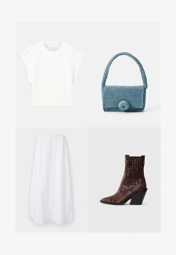 Balta kaste formas T-kreklā ar īsām piedurknēm. Izgatavots no gluda auduma, ar apaļu izgriezumu un nelieliem plecu akcentiem. Vienkāršs dizains.; Balta kokvilnas svārki ar elastīgu jostasvietu un mežģīņu apdari apakšmalā, ar plūstošu, līdz ceļgaliem sasniedzošu dizainu.; Brūnganu čūsku rakstu ar stilu potīšu zābaki ar smailu purngalu, teksturētu virsmu un melnu, masīvu papēdi. Iespējama ribota dizaina apdare augšpusē.; Austu zilu rokassomu ar teksturētu virsmu, taisnstūra formu, īsu rokturi un lielu apaļu aizdari priekšpusē.