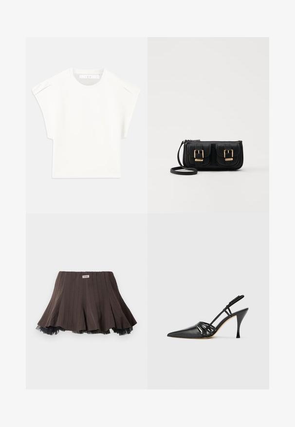 White boxy t-shirt with short sleeves. Made from smooth fabric, featuring a round neckline and subtle shoulder accents. Simple design.; Brown pleated skirt with a textured fabric, featuring a layered black tulle trim at the hem and a small logo label on the waistband.; Black leather high-heeled slingback shoe with pointed toe, crisscross strap design, and slim stiletto heel. Smooth texture and minimal accents.; Black leather crossbody bag with two front pockets, gold buckles, zipper closure, and a slim strap. Textured surface and compact rectangular shape.