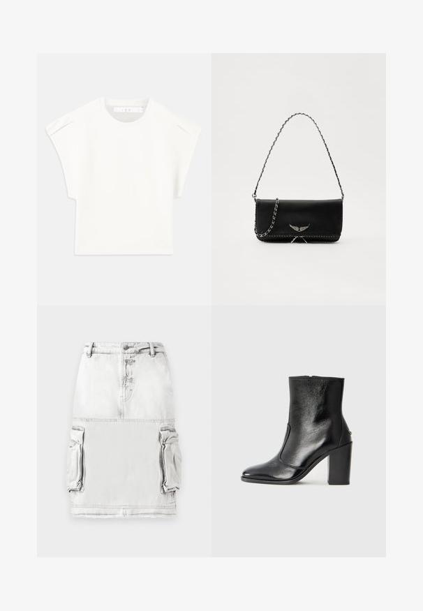 Hvid boxy t-shirt med korte ærmer. Fremstillet af glat stof, med rund halsudskæring og subtile skulderdetaljer. Enkel design.; Denim nederdel i lys grå med høj talje, frontknapper og to sidelommer. Lidt slidt stoftekstur.; Sorte læder ankelstøvler med en glat overflade, spids tå og en chunky høj hæl. Har en sidelukning og minimalistisk design.; Sort læderhåndtaske med en sølv kædestrop, der har dekorative vingedetaljer og hvid syning langs bunden.